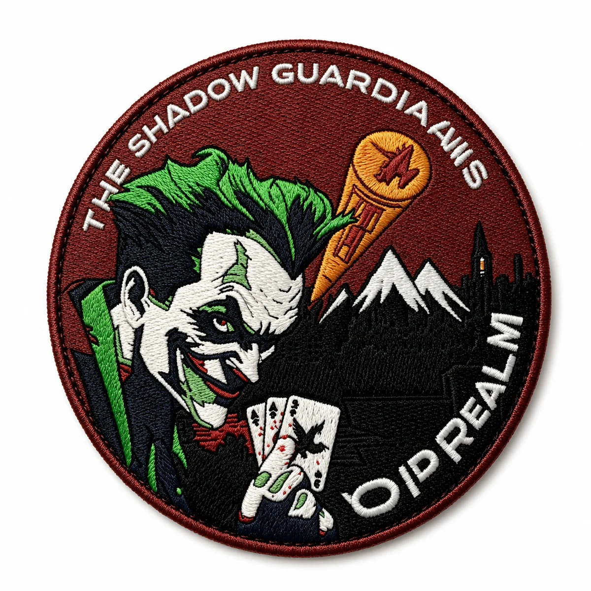 Round Shadow Guardians custom woven patch with detailed character artwork