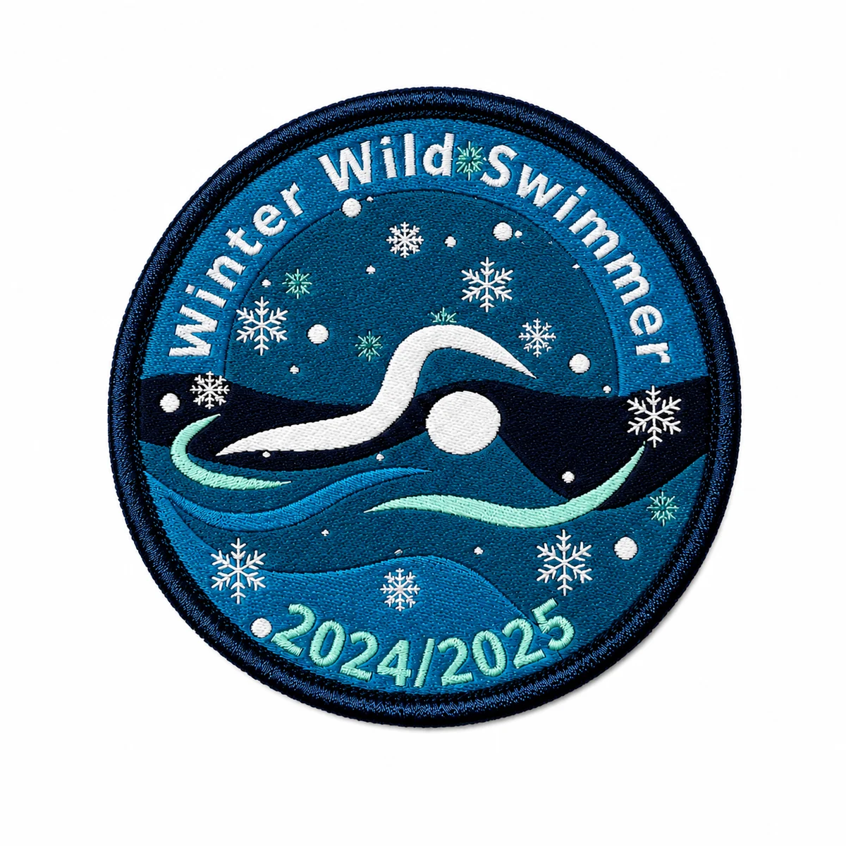 Custom round winter swimming event patch with embroidered wave and snowflake details