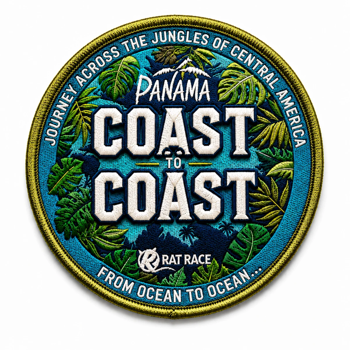 Custom round coast-to-coast adventure event patch with tropical leaf artwork and merrow border